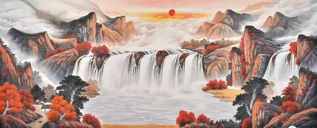This masterpiece captures the essence of a perfect 'Feng Shui Treasure Land', where mountains and water coexist in harmony. The composition is designed to gather 'Qi' (energy), making it a perfect centerpiece for your living room to promote family harmony, health, and emotional well-being.