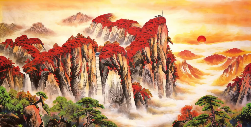 Maximize your financial potential with this stunningRed Mountain landscape. The dominant red color activates the 'Fire' element, which drives fame and reputation. Business owners often display this piece behind their desks to symbolize a booming business and a year filled withprosperity and success.