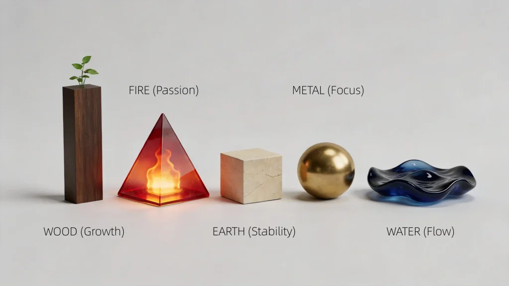 The 5 Elements of Feng Shui chart showing colors and shapes for Wood, Fire, Earth, Metal, and Water wall art.