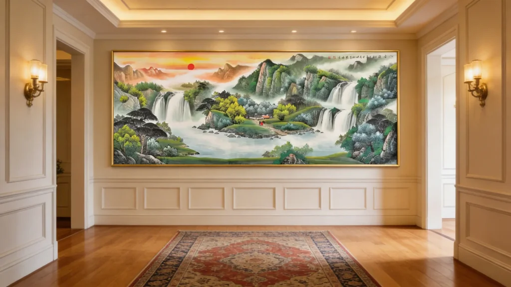 Large Feng Shui landscape wall art featuring cascading waterfalls and mountains in a luxury hallway entrance. Represents abundance, wealth flow (Water Element), and stability for the home.