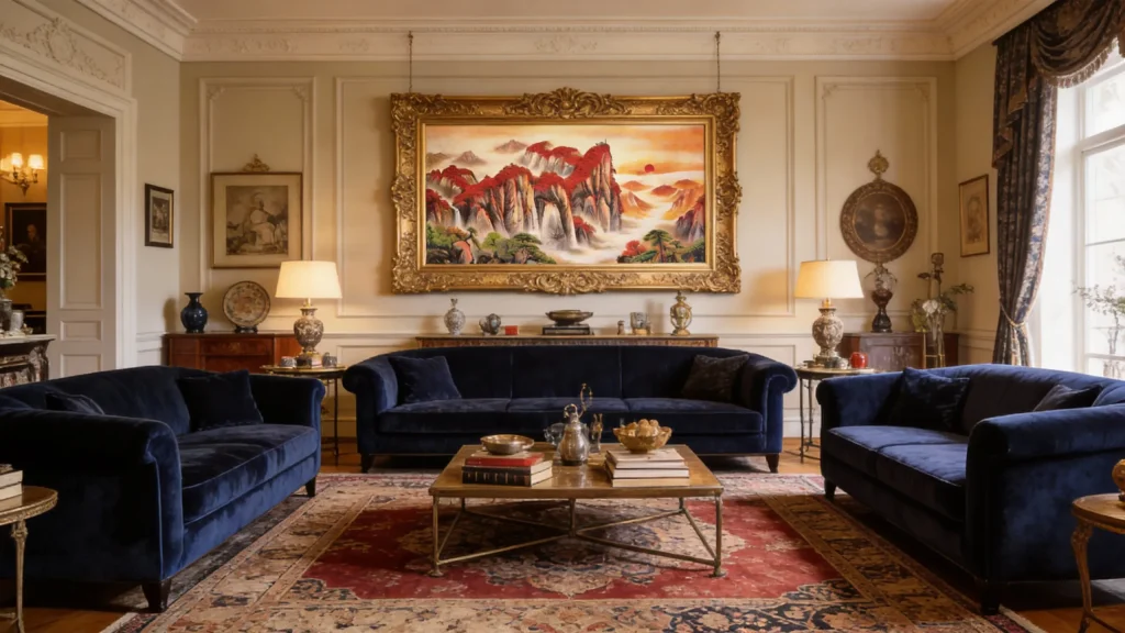 Modern Feng Shui living room design with Earth element landscape art for family harmony and grounding energy.