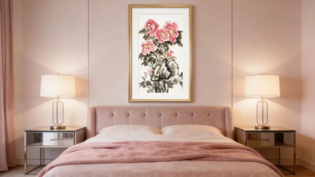 Romantic Feng Shui bedroom decor featuring a vertical pink Peony flower painting above the bed. Designed to activate love luck and relationship harmony using soft Yin energy and Fire element colors.