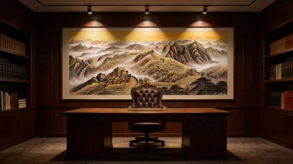 Executive home office interior with a majestic Great Wall mountain painting placed behind the desk. A powerful Feng Shui cure for career authority, leadership, and unshakeable professional support.